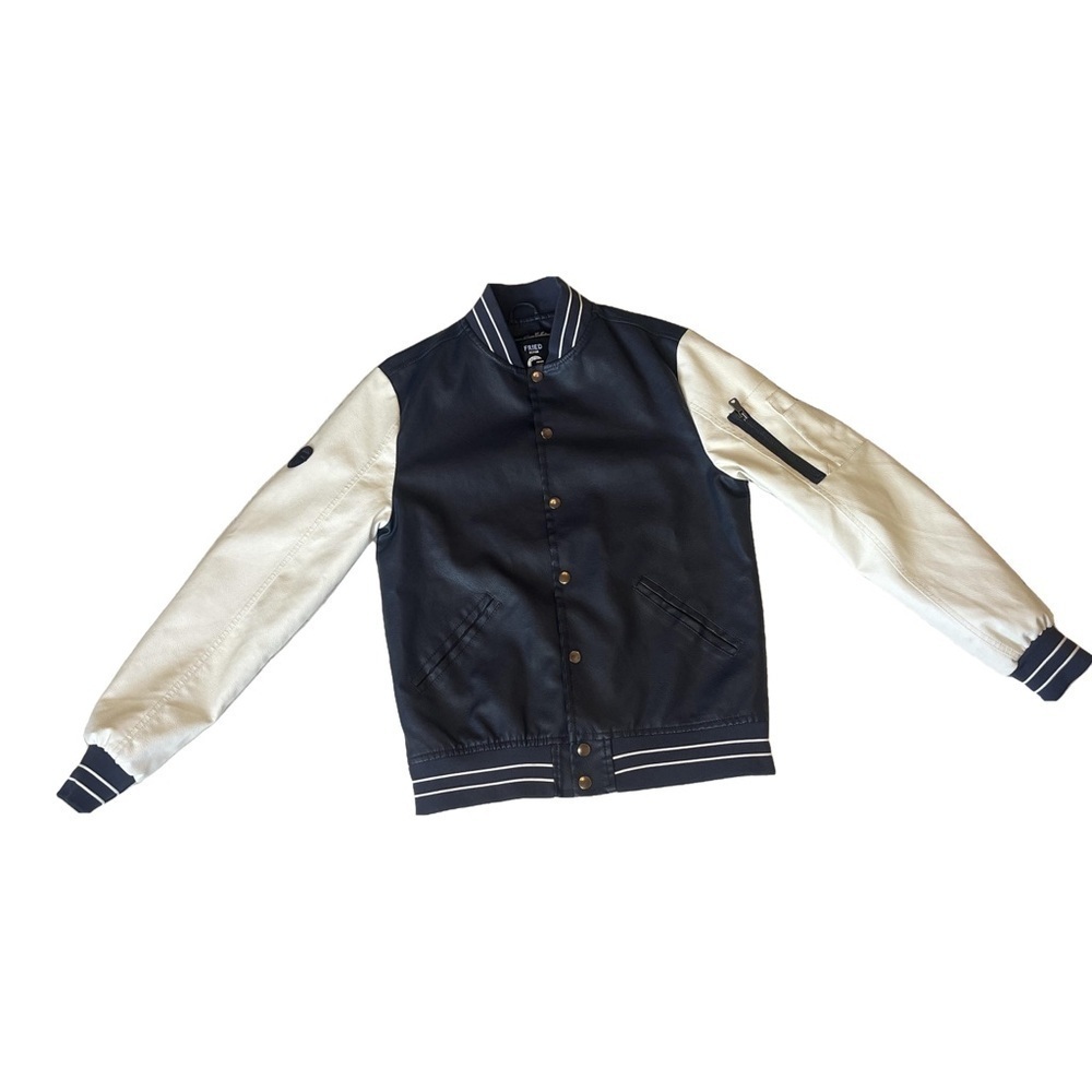 Fried Denim G NYC Navy Blue/White Faux Leather Varsity Bomber Jacket Men Small